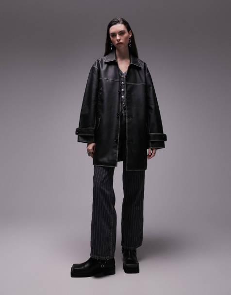 Topshop - Halflange jas van imitatieleer in zwarte wassing - view 1