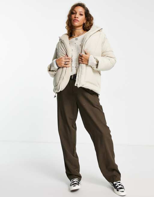 Topshop - Halflange puffer-jas met capuchon met borgvoering in gebroken wit, 2 van 4