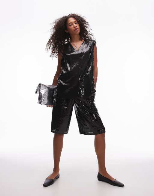 Topshop - Halflange short met lovertjes in zwart, deel van co-ord set