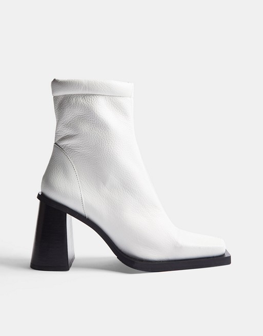 Topshop Hally square toe mid heel boot in white