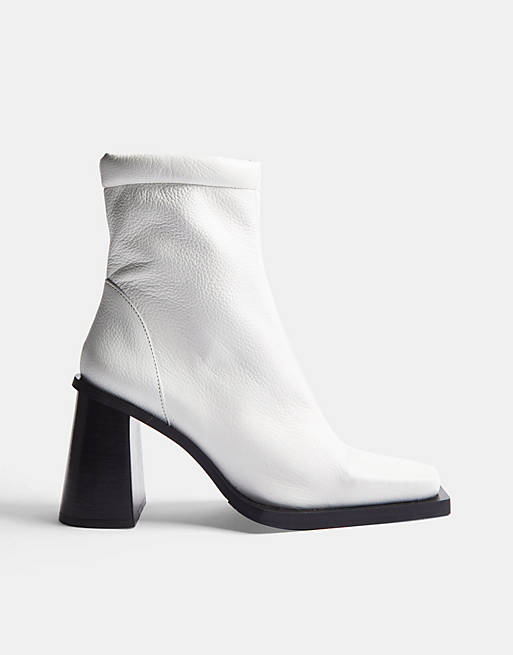 Topshop Hally square toe mid heel boot in white | ASOS