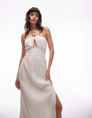 Topshop halter beach dress with ring detail in natural-White