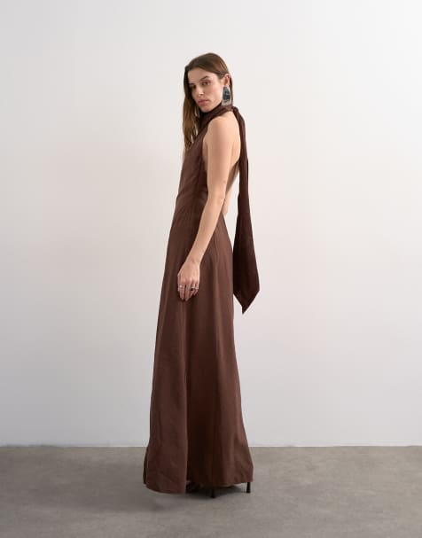 Topshop halter cowl maxi dress in chocolate cupro - view 1