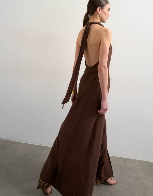 Topshop halter cowl maxi dress in chocolate cupro, 2 of 4