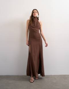 Model wearing Halter cowl maxi dress in chocolate cupro