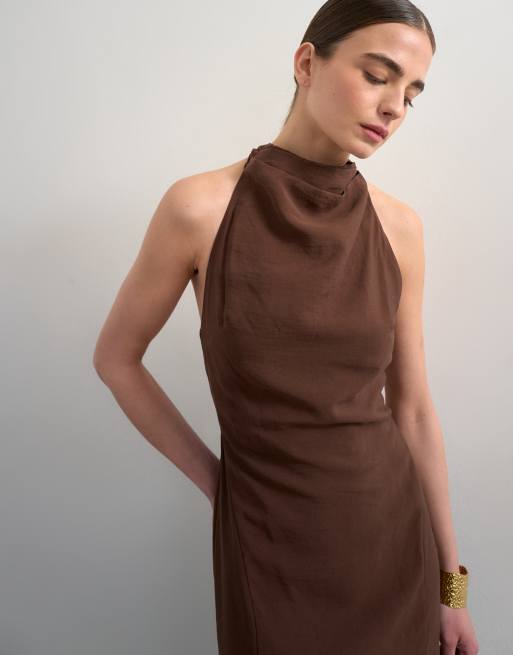 Topshop halter cowl maxi dress in chocolate cupro, 3 of 4