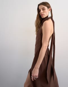 Model wearing Halter cowl maxi dress in chocolate cupro