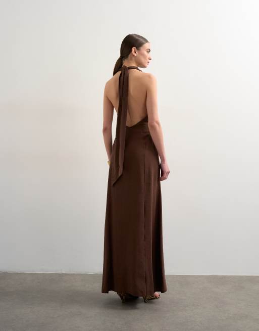 Topshop halter cowl maxi dress in chocolate cupro, 4 of 4