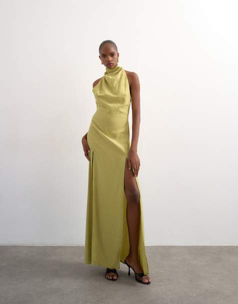 Topshop halter cowl maxi dress in lime - view 1