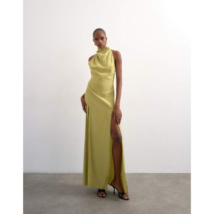 Topshop halter cowl maxi dress in lime | ASOS