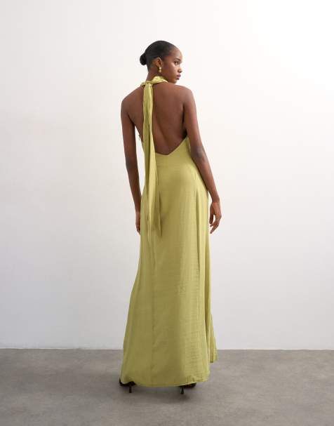 sachin and babi light blue dress Aria Cove High Neck Bow Side Split Maxi Dress in Gray