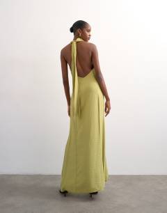 Model wearing Halter cowl maxi dress in lime