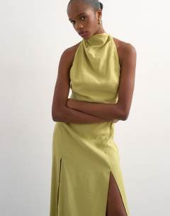 Model wearing Halter cowl maxi dress in lime