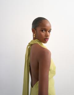 Model wearing Halter cowl maxi dress in lime