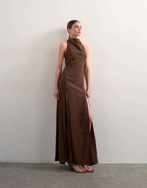 Topshop halter cowl neck cupro maxi dress in chocolate - view 1