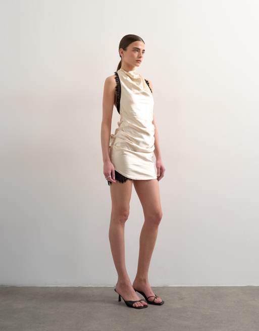 Topshop halter cowl neck satin mini dress with black contrast lace trim in  oyster | ASOS
