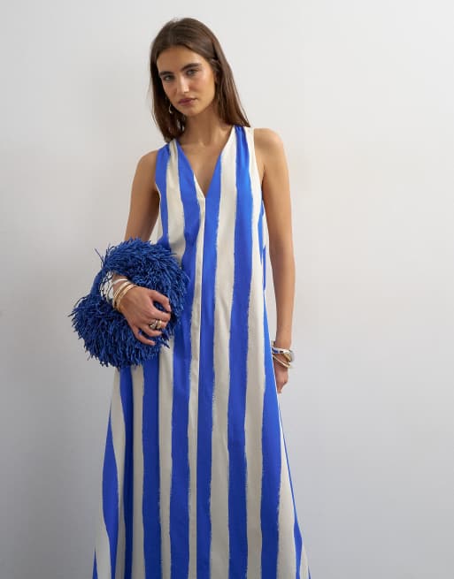 Topshop halter deep hem maxi trapeze dress in blue stripe, 3 of 4