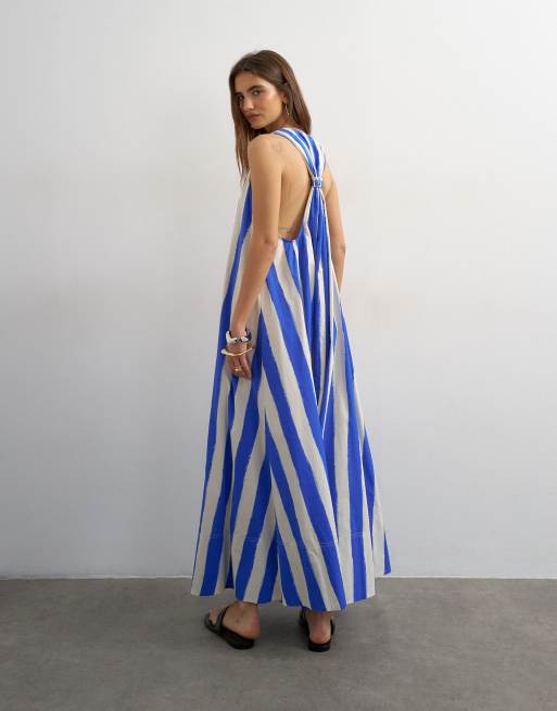 Topshop halter deep hem maxi trapeze dress in blue stripe, 4 of 4