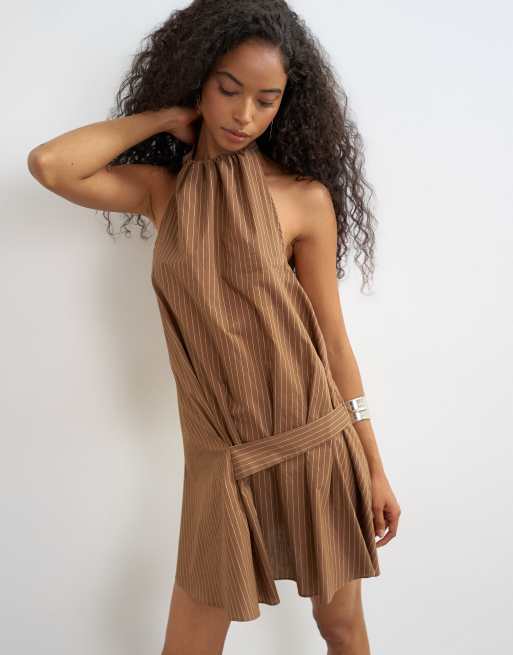 Topshop halter gathered side mini dress with tab detail in brown woven stripe, 3 of 4