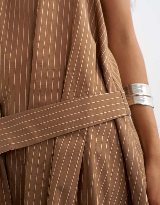 Topshop halter gathered side mini dress with tab detail in brown woven stripe, 4 of 4