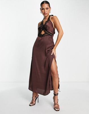 Topshop halter lace cut out satin midi slip dress in chocolate