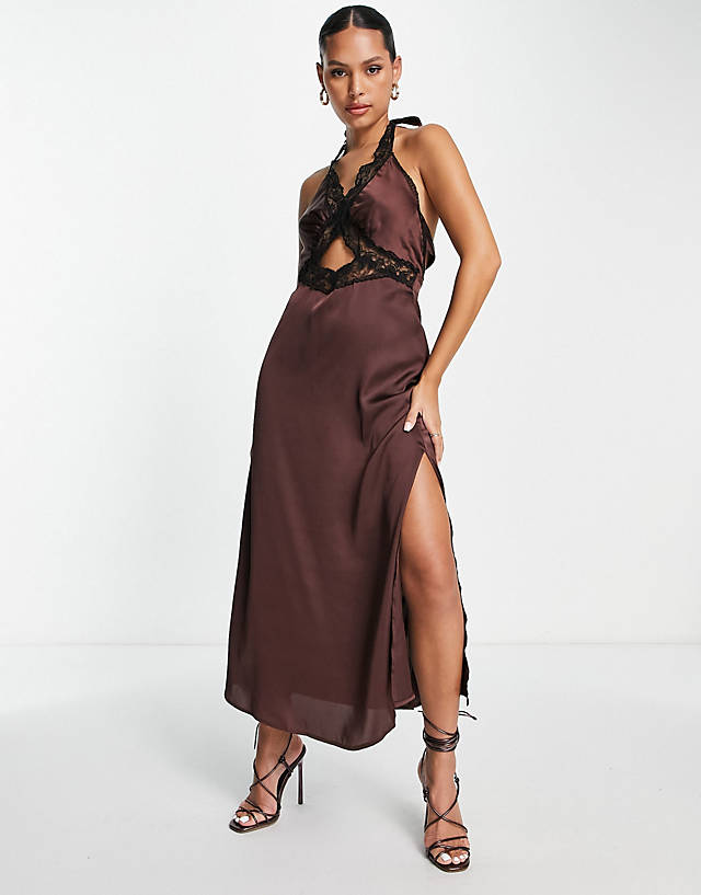 Topshop - halter lace cut out satin midi slip dress in chocolate