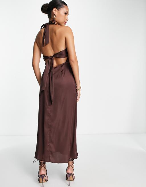 Topshop halter lace cut out satin midi slip dress in chocolate