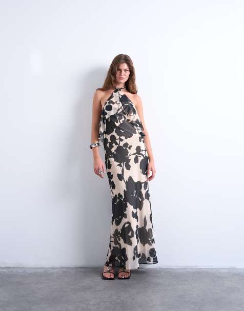 Topshop halter layer chiffon dress in black and white floral - view 1