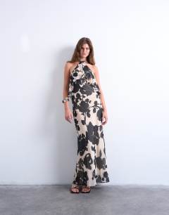 Halter layer chiffon dress in black and white floral
