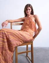 Topshop halter layer chiffon dress in pink and cream print
