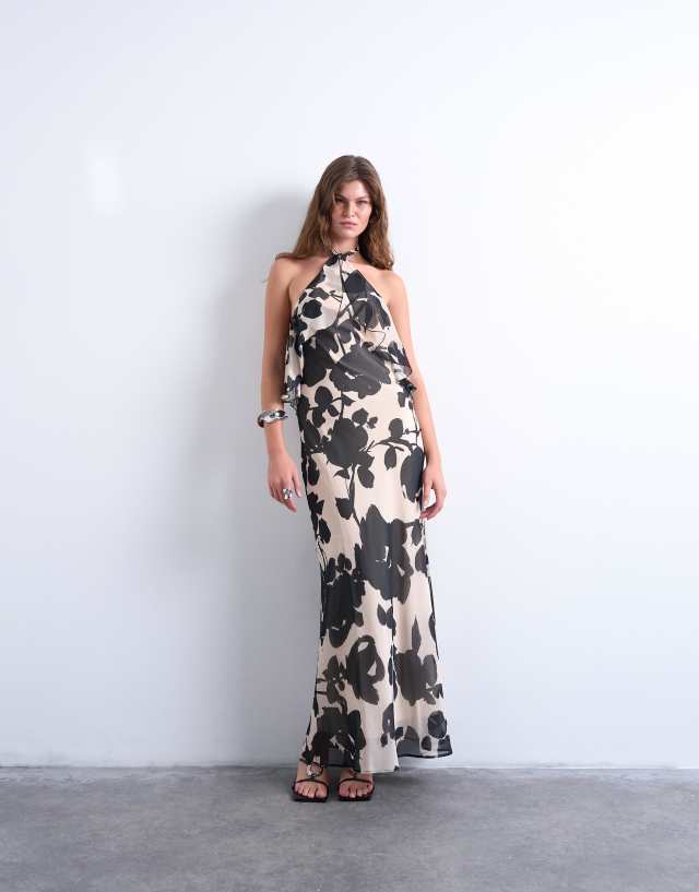 Topshop halter Layered Chiffon Dress in Black and White floral