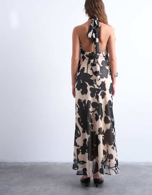 Topshop halter layered chiffon dress in black and white floral