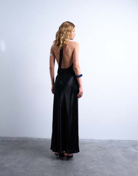 Topshop halter maxi dress in black satin - view 1