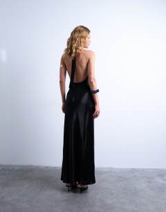 Model wearing Halter maxi dress in black satin
