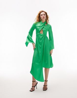 Topshop Halter Midi Dress With Fluted Sleeves In Green