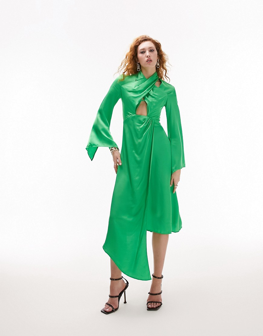 Topshop Halter Midi Dress With Fluted Sleeves In Green