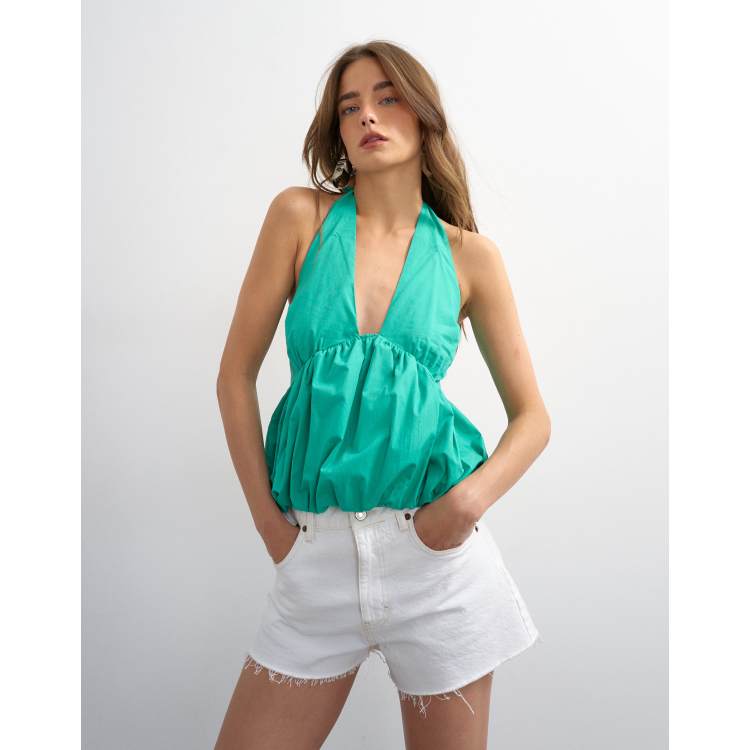Topshop halter neck bubble hem top green-No color
