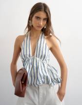 Topshop halter neck bubble hem top in cream stripe