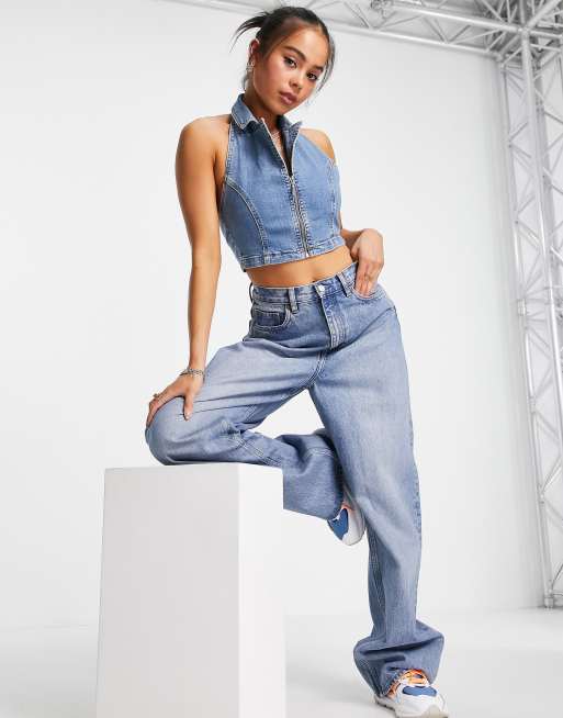 Topshop Halter Neck denim top in Mid Blue wash