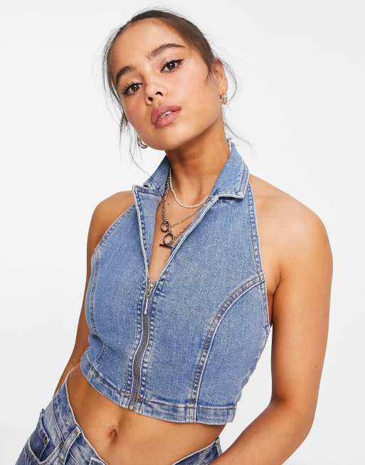 Topshop Halter Neck denim top in Mid Blue wash