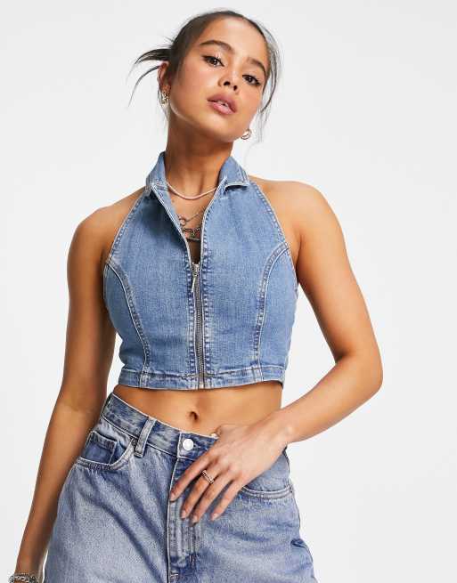 Mid Blue Wash Jeans Detail Denim Halterneck Top