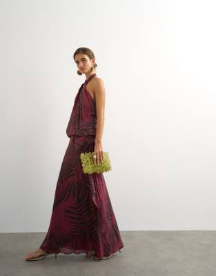 Topshop Halter Neck Dropped Waist Tie Detail Maxi Dress In Brown