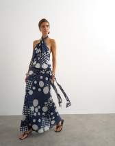 Topshop halter neck dropped waist tie detail maxi dress in navy mixed spot