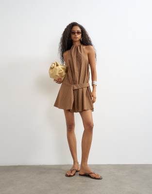 wrap halter neck mini dress in caramel Caramel Satin Halter Mini Dress  351 Boutique