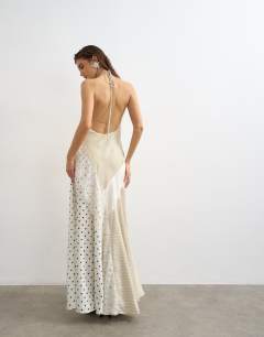 Halter neck lace insert maxi dress in contrast stripe and polka dot print