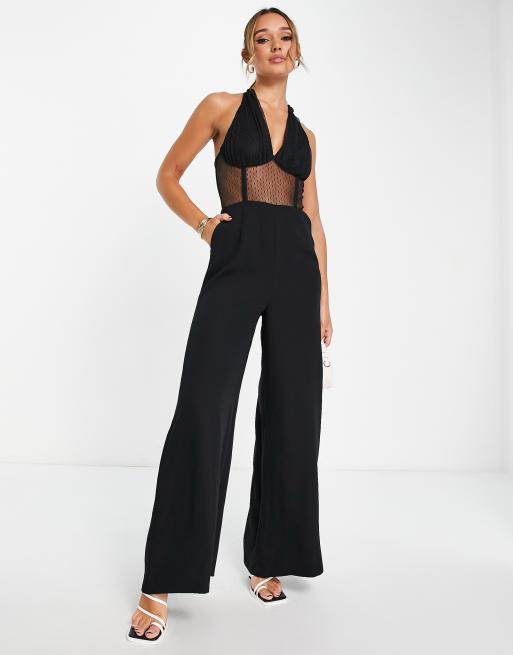 Topshop halter neck lace jumpsuit in black