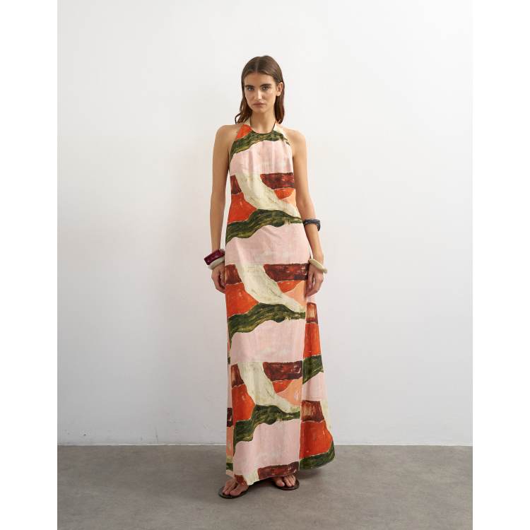 topshop halter neck maxi dress in bold floral print - - Women - Viscose/Cotton/Linen - 2 US Abstract floral