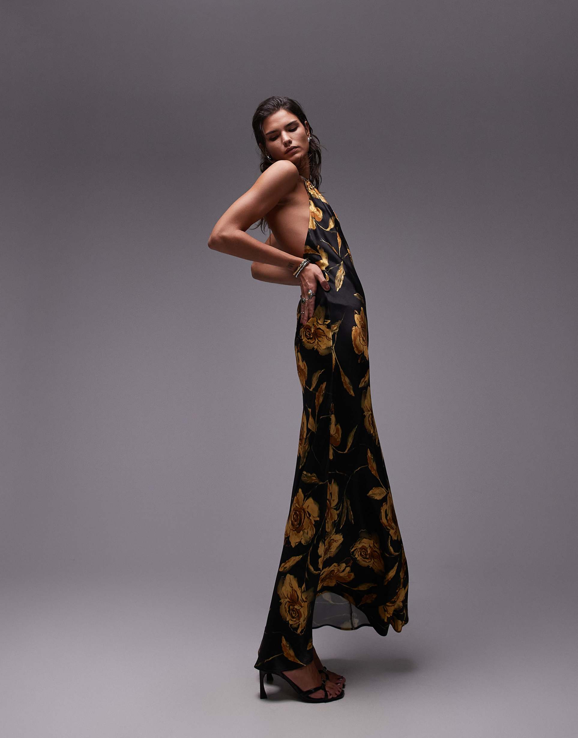 topshop halter neck maxi bias in print in black and gold rose