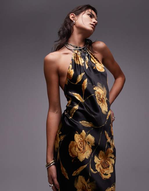 Topshop halter neck maxi bias in print in black and gold rose