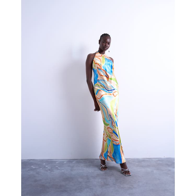 topshop halter neck maxi dress in bold floral print blue boutique KEYHOLE-BUST